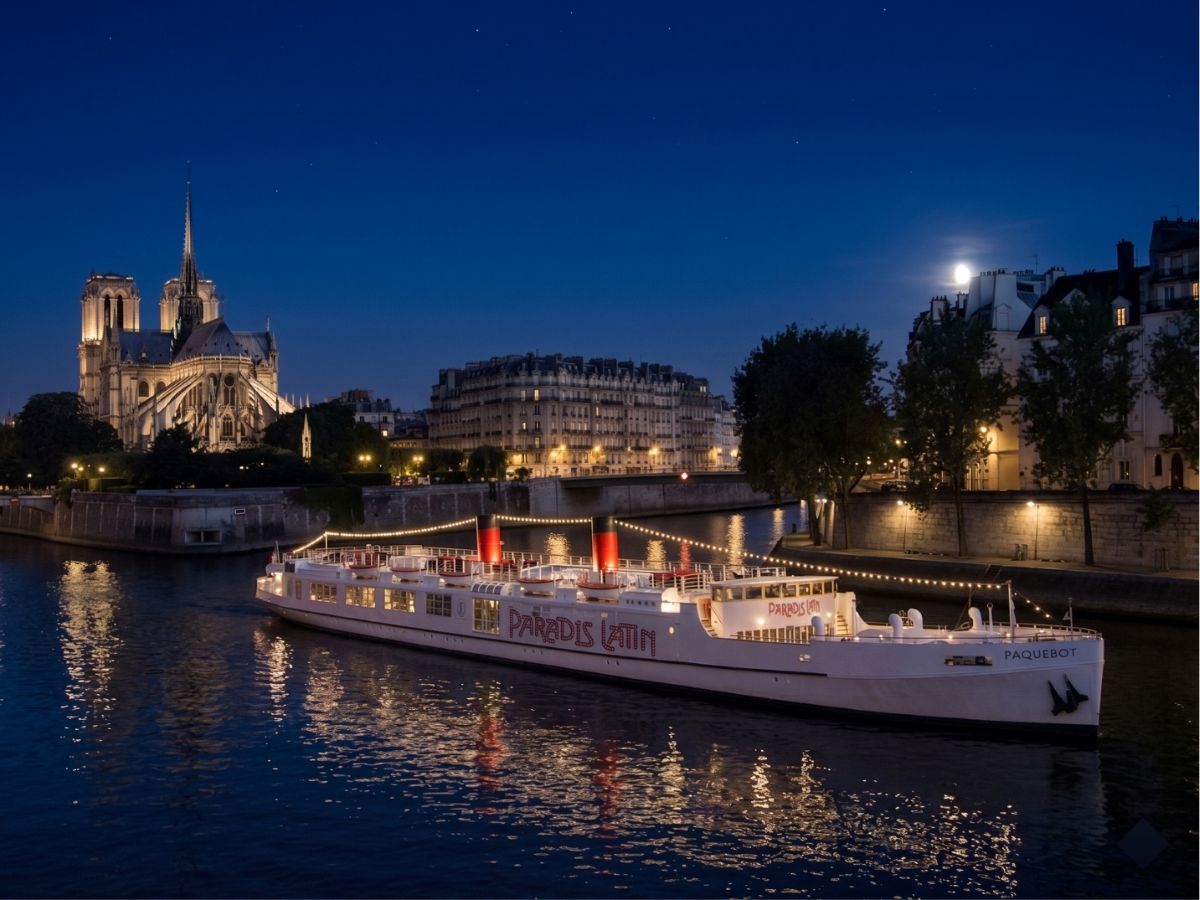 e Paquebot du Paradis Latin sur la Seine face à la Tour Eiffel et au feu d'artifice du 14 Juillet, exceptionnellement tiré le 13 juillet 2026 à Paris