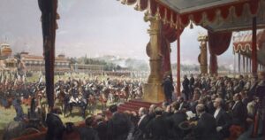 La distribution de ses nouveaux drapeaux et étendards à l'armée française sur l'hippodrome de Longchamp, le 14 juillet 1880