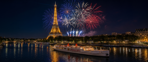 Le Paquebot du Paradis Latin sur la Seine face à la Tour Eiffel et au feu d'artifice du 14 Juillet, exceptionnellement tiré le 13 juillet 2026 à Paris