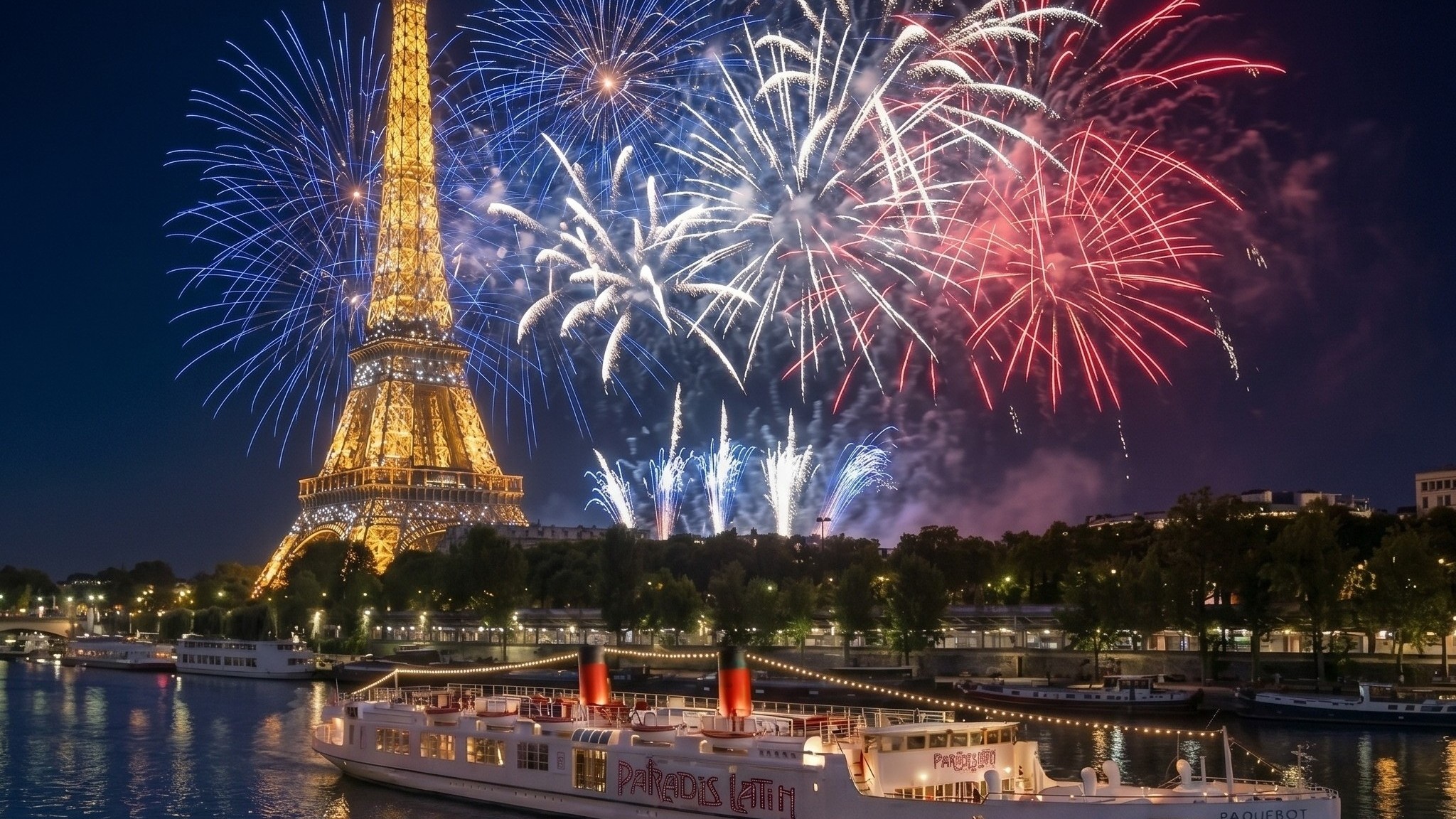 Le Paquebot du Paradis Latin sur la Seine face à la Tour Eiffel et au feu d'artifice du 14 Juillet, exceptionnellement tiré le 13 juillet 2026 à Paris